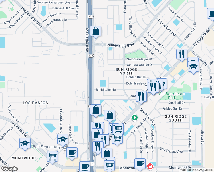 map of restaurants, bars, coffee shops, grocery stores, and more near 2151 Sun Manor Drive in El Paso