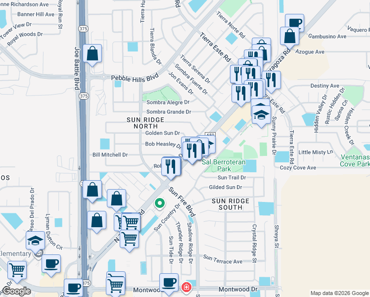 map of restaurants, bars, coffee shops, grocery stores, and more near 12433 Robert Dahl Drive in El Paso