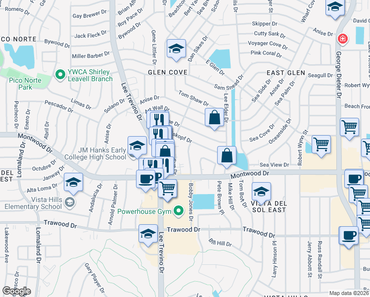 map of restaurants, bars, coffee shops, grocery stores, and more near 11012 Tom Weiskopf Drive in El Paso