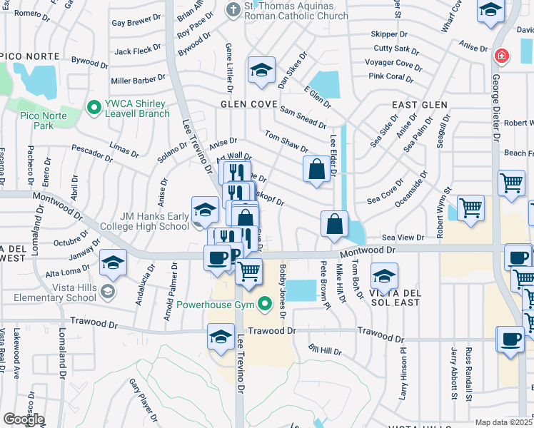 map of restaurants, bars, coffee shops, grocery stores, and more near 11012 Tom Weiskopf Drive in El Paso