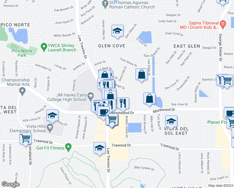 map of restaurants, bars, coffee shops, grocery stores, and more near 11012 Tom Weiskopf Drive in El Paso