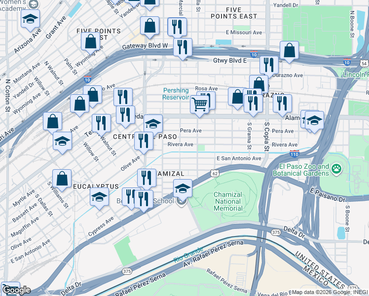 map of restaurants, bars, coffee shops, grocery stores, and more near 3109 Rivera Avenue in El Paso