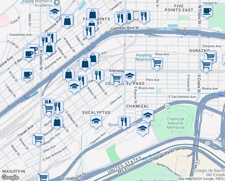 map of restaurants, bars, coffee shops, grocery stores, and more near 2217 Bassett Avenue in El Paso