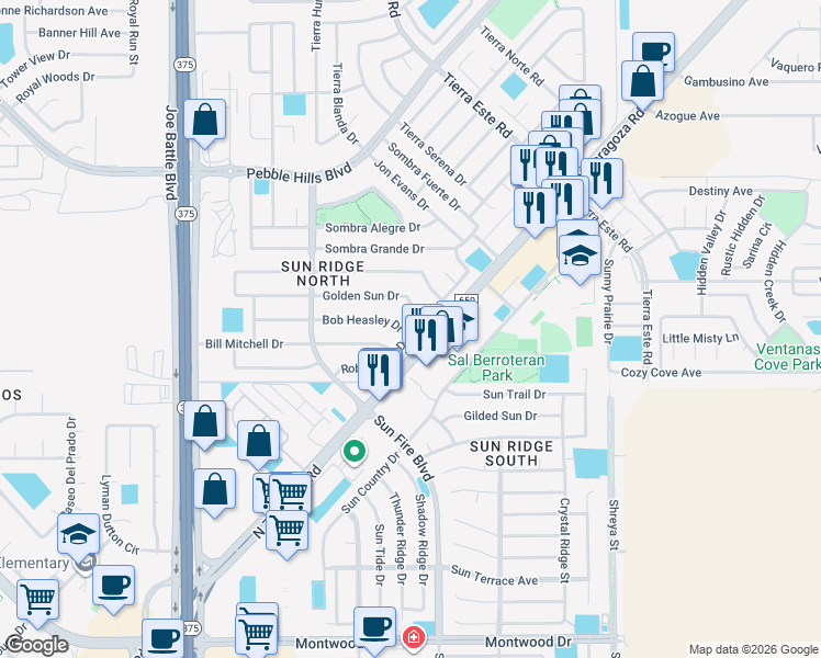 map of restaurants, bars, coffee shops, grocery stores, and more near 12433 Robert Dahl Drive in El Paso