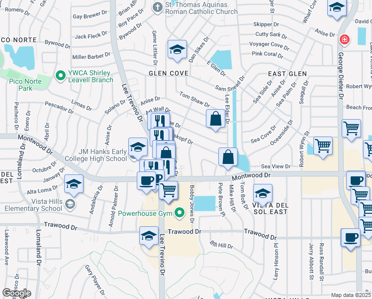 map of restaurants, bars, coffee shops, grocery stores, and more near 11012 Tom Weiskopf Drive in El Paso