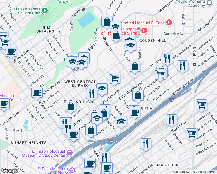 map of restaurants, bars, coffee shops, grocery stores, and more near 1026 East California Avenue in El Paso