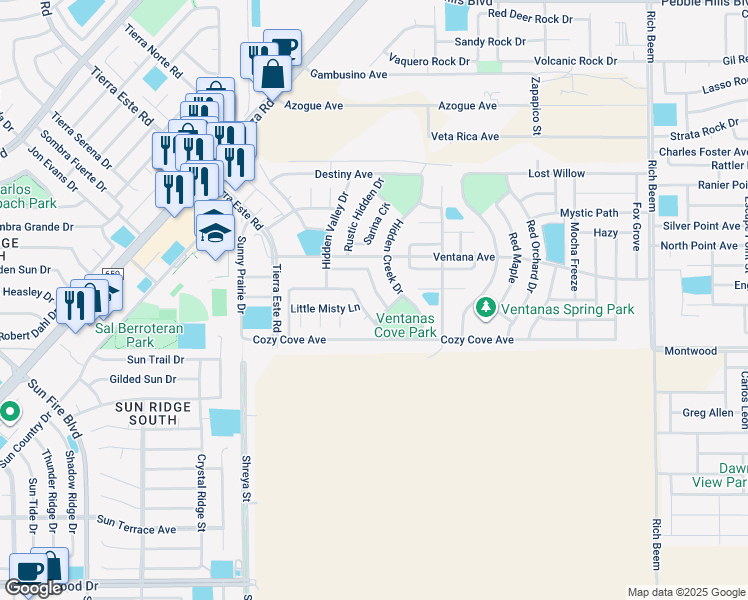 map of restaurants, bars, coffee shops, grocery stores, and more near 12933 Hidden Grove Drive in El Paso