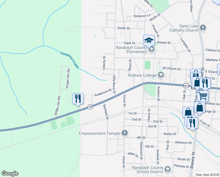 map of restaurants, bars, coffee shops, grocery stores, and more near 18 Anderson Street in Cuthbert