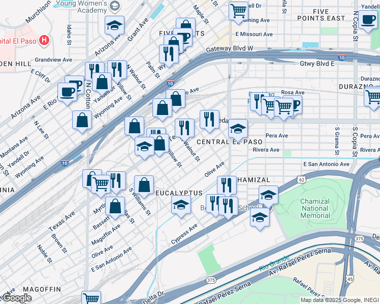 map of restaurants, bars, coffee shops, grocery stores, and more near 2126 Myrtle Avenue in El Paso