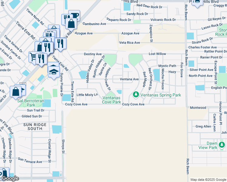 map of restaurants, bars, coffee shops, grocery stores, and more near 3122 Hidden Creek Drive in El Paso