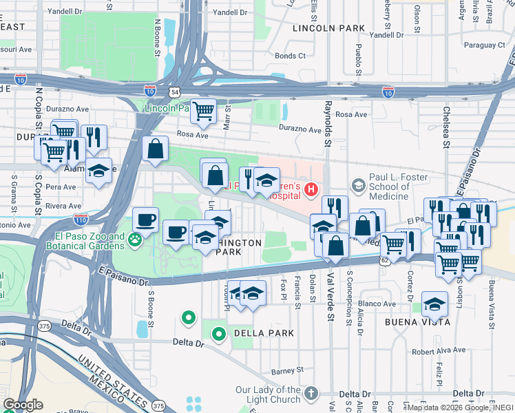 map of restaurants, bars, coffee shops, grocery stores, and more near 4606 Alameda Avenue in El Paso