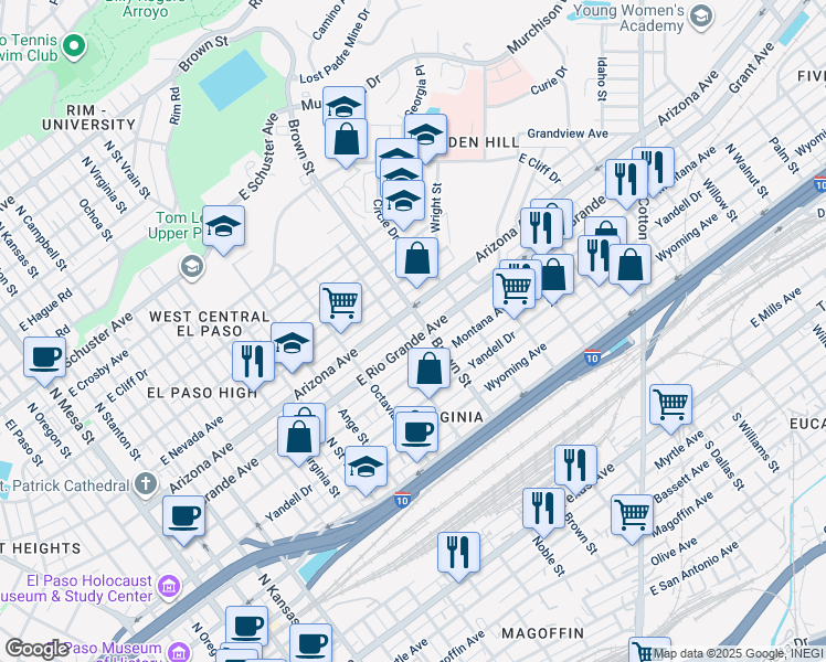 map of restaurants, bars, coffee shops, grocery stores, and more near 1301 East Rio Grande Avenue in El Paso