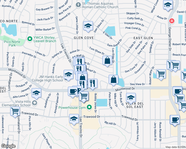 map of restaurants, bars, coffee shops, grocery stores, and more near 11012 Tom Weiskopf Drive in El Paso