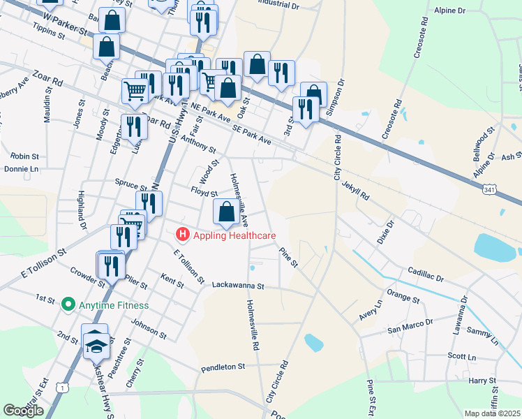 map of restaurants, bars, coffee shops, grocery stores, and more near 168 Pine Street in Baxley