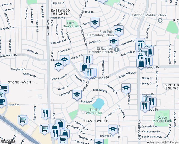 map of restaurants, bars, coffee shops, grocery stores, and more near 2119 Wedgewood Drive in El Paso
