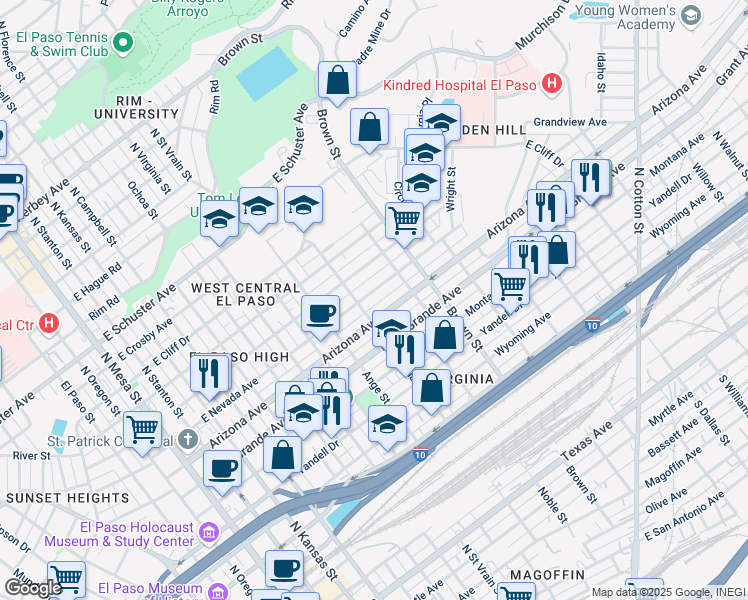 map of restaurants, bars, coffee shops, grocery stores, and more near 1110 E Nevada Ave in El Paso