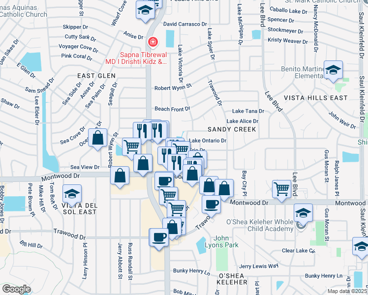 map of restaurants, bars, coffee shops, grocery stores, and more near 11331 Lake Erie Drive in El Paso
