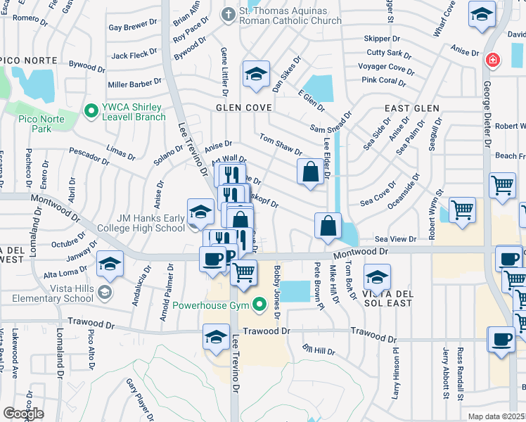 map of restaurants, bars, coffee shops, grocery stores, and more near 11012 Tom Weiskopf Drive in El Paso