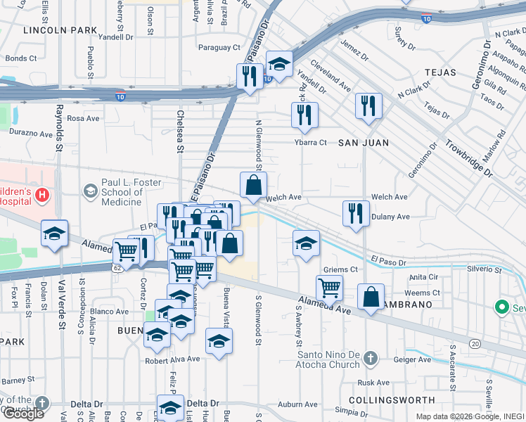 map of restaurants, bars, coffee shops, grocery stores, and more near 5700 El Paso Drive in El Paso