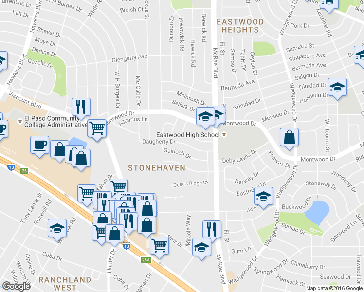 map of restaurants, bars, coffee shops, grocery stores, and more near 9616 Daugherty Drive in El Paso