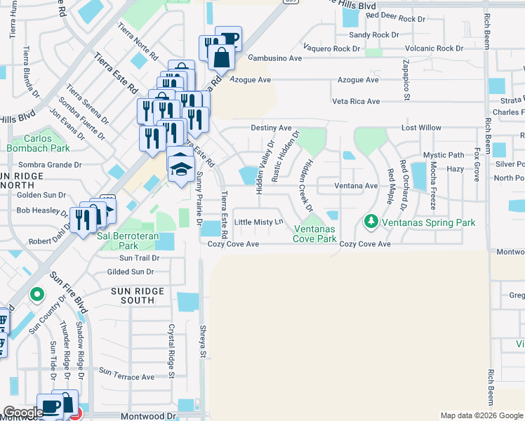 map of restaurants, bars, coffee shops, grocery stores, and more near 3142 Blue Dirt Circle in El Paso