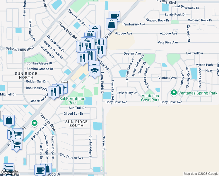 map of restaurants, bars, coffee shops, grocery stores, and more near 12705 Cozy Creek Drive in El Paso