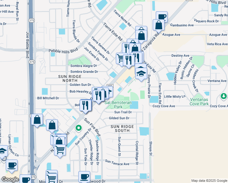 map of restaurants, bars, coffee shops, grocery stores, and more near 2140 North Zaragoza Road in El Paso