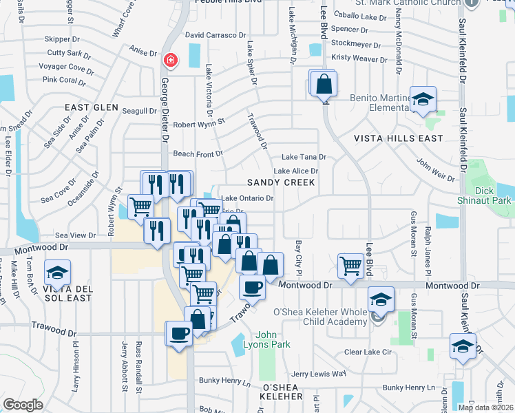 map of restaurants, bars, coffee shops, grocery stores, and more near 11376 Lake Ontario Drive in El Paso