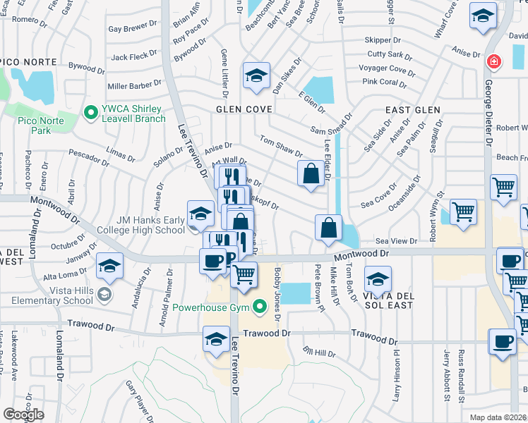 map of restaurants, bars, coffee shops, grocery stores, and more near 11012 Tom Weiskopf Drive in El Paso