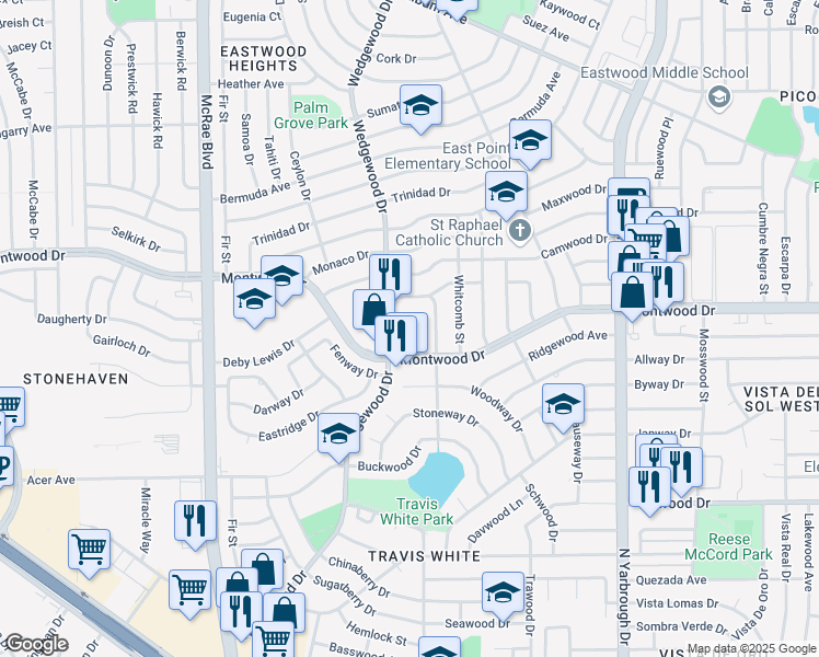 map of restaurants, bars, coffee shops, grocery stores, and more near 2119 Wedgewood Drive in El Paso