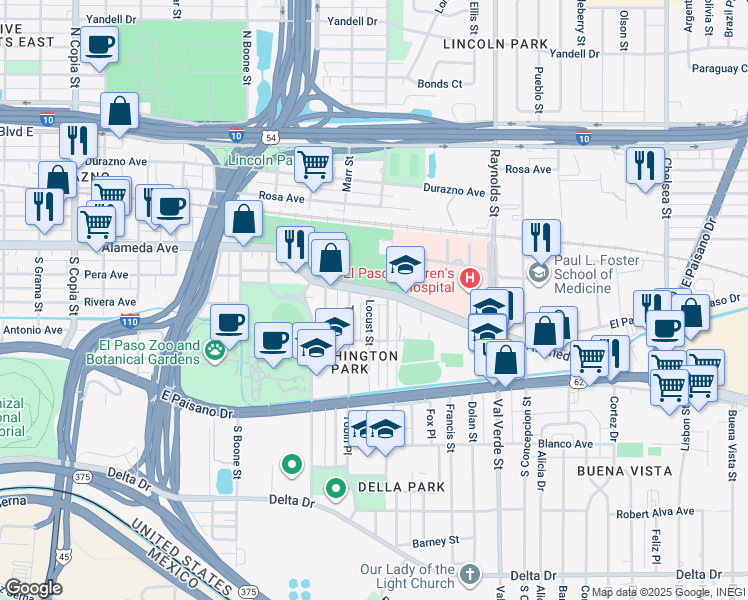 map of restaurants, bars, coffee shops, grocery stores, and more near 4412 Alameda Avenue in El Paso