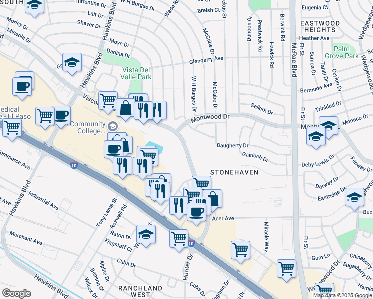 map of restaurants, bars, coffee shops, grocery stores, and more near 9353 Viscount Boulevard in El Paso