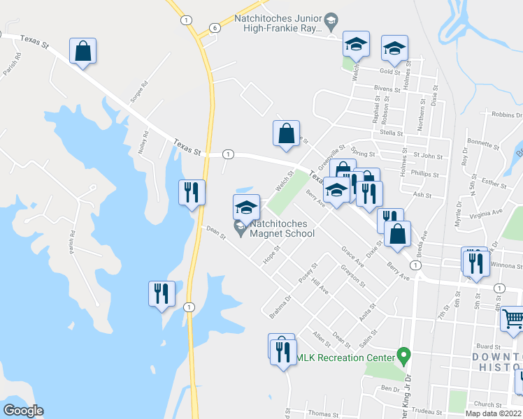 map of restaurants, bars, coffee shops, grocery stores, and more near 1616 Meadows Drive in Natchitoches