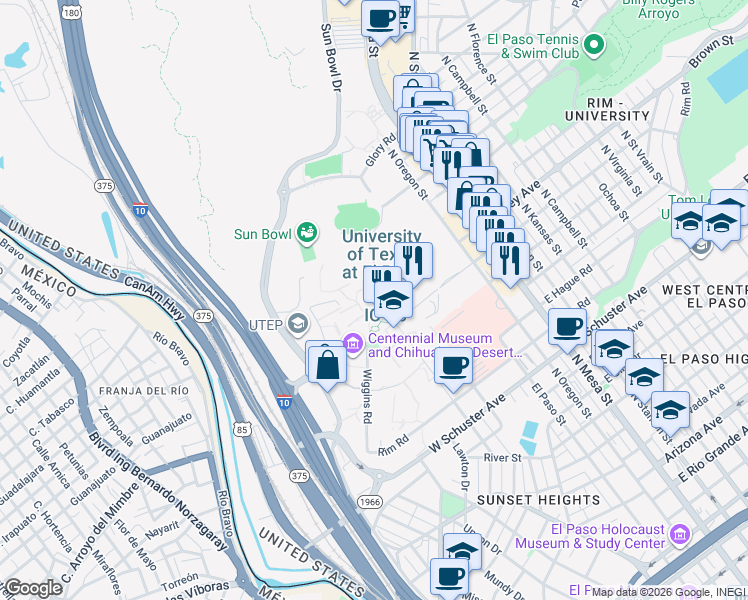 map of restaurants, bars, coffee shops, grocery stores, and more near 500 West University Avenue in El Paso