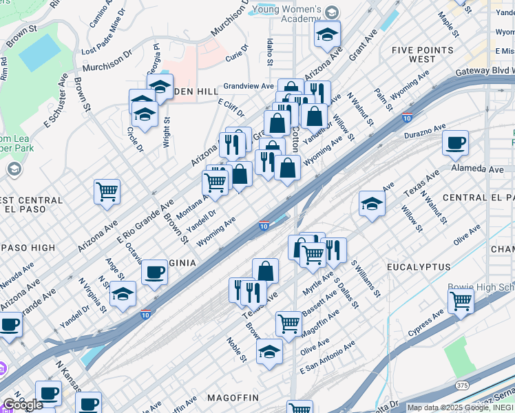 map of restaurants, bars, coffee shops, grocery stores, and more near 1606 Wyoming Avenue in El Paso