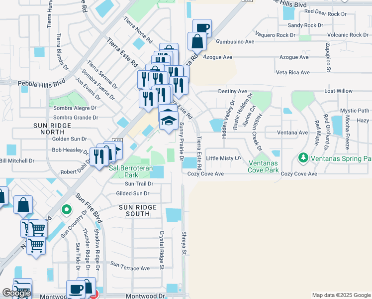 map of restaurants, bars, coffee shops, grocery stores, and more near 12705 Cozy Creek Drive in El Paso