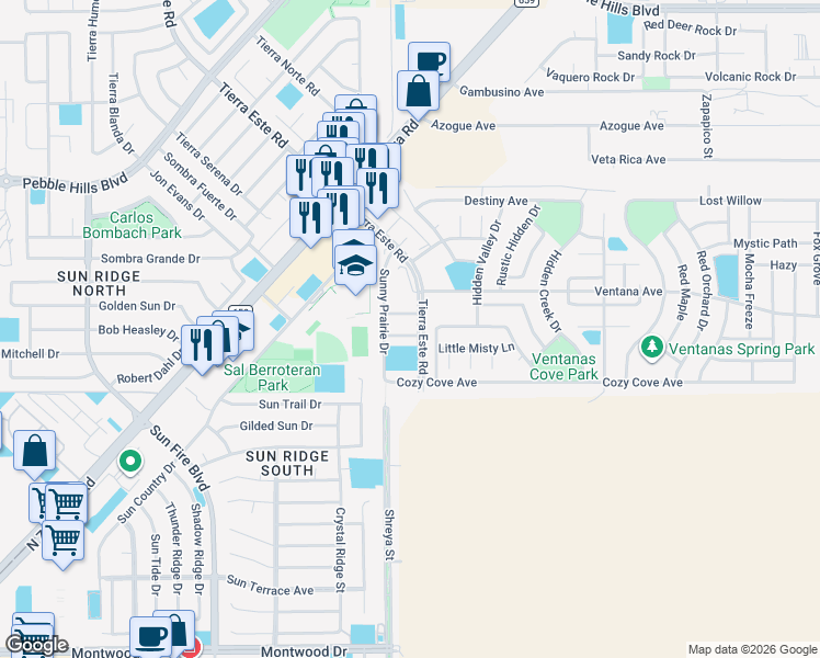 map of restaurants, bars, coffee shops, grocery stores, and more near 12705 Cozy Creek Drive in El Paso