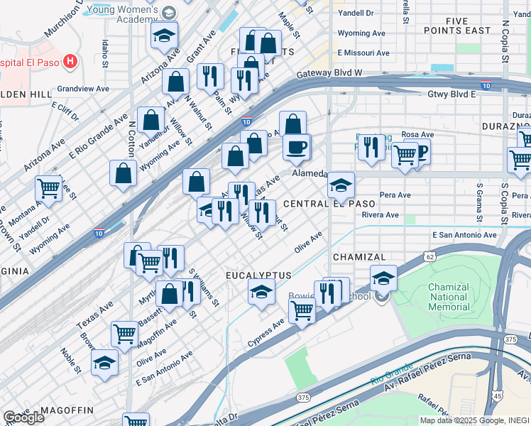 map of restaurants, bars, coffee shops, grocery stores, and more near 2126 Myrtle Avenue in El Paso