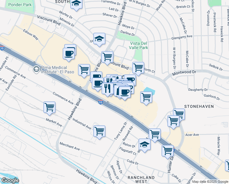 map of restaurants, bars, coffee shops, grocery stores, and more near 8889 Gateway Boulevard West in El Paso