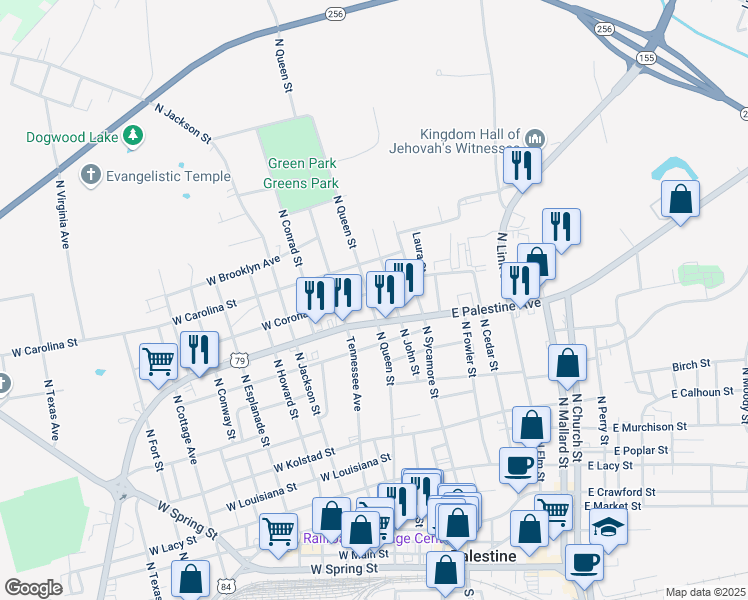 map of restaurants, bars, coffee shops, grocery stores, and more near 1314 North Queen Street in Palestine