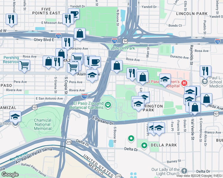 map of restaurants, bars, coffee shops, grocery stores, and more near 4011 Rivera Avenue in El Paso