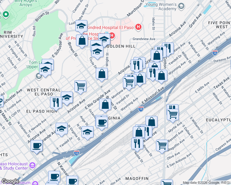 map of restaurants, bars, coffee shops, grocery stores, and more near 1325 Montana Avenue in El Paso