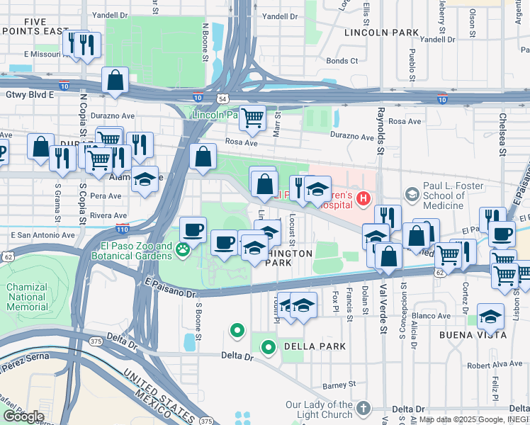 map of restaurants, bars, coffee shops, grocery stores, and more near 104 Linden Street in El Paso