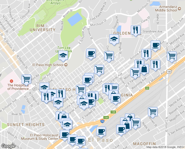 map of restaurants, bars, coffee shops, grocery stores, and more near 1026 East California Avenue in El Paso