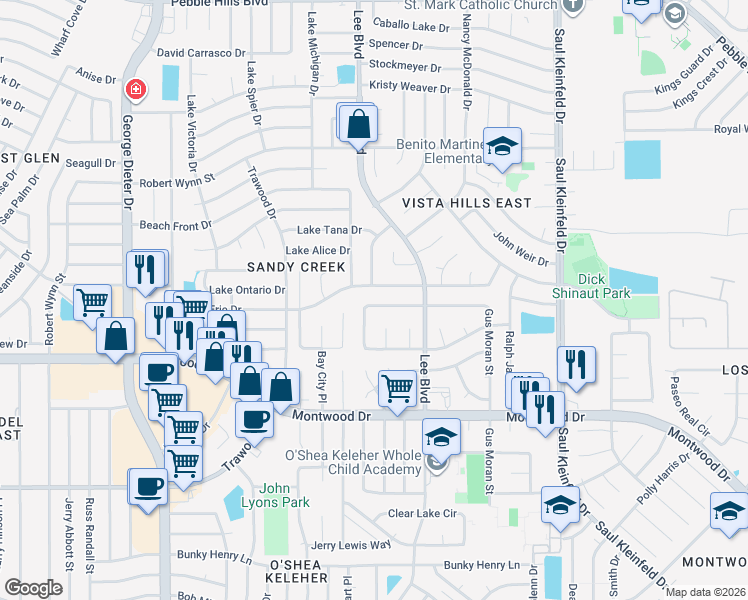 map of restaurants, bars, coffee shops, grocery stores, and more near 2053 Gus Moran Street in El Paso