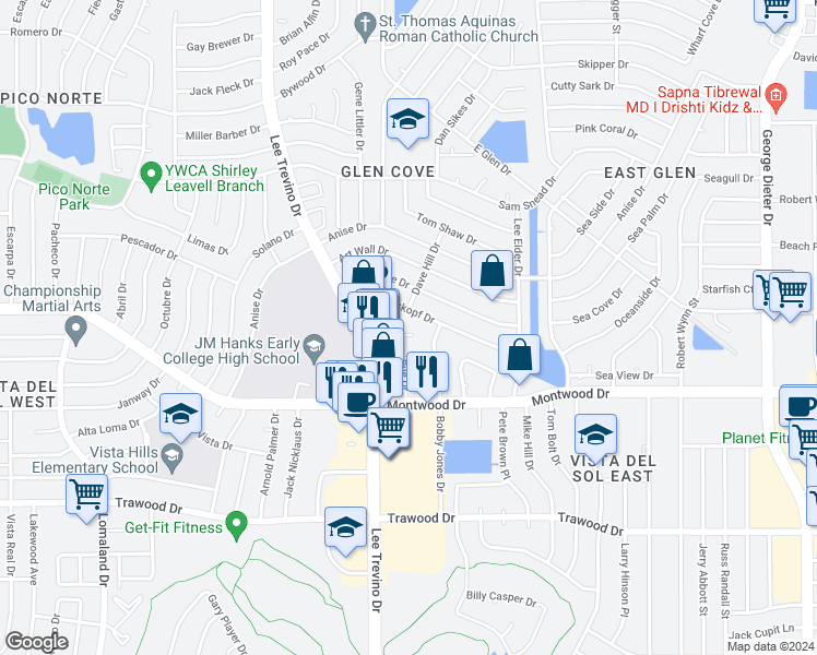 map of restaurants, bars, coffee shops, grocery stores, and more near 11012 Tom Weiskopf Drive in El Paso