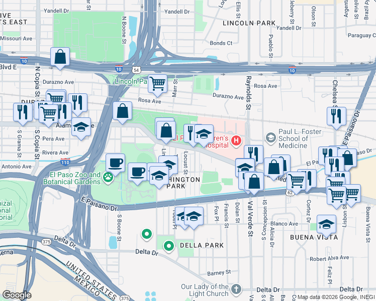 map of restaurants, bars, coffee shops, grocery stores, and more near 4412 Alameda Avenue in El Paso