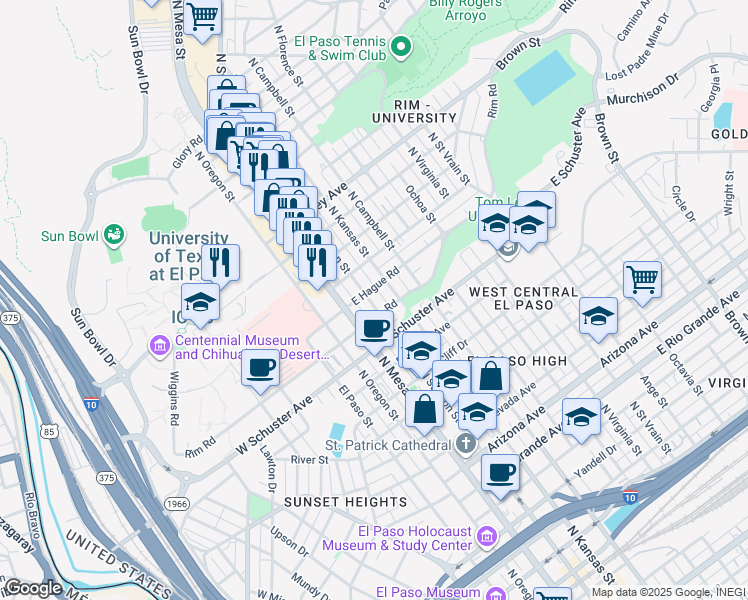 map of restaurants, bars, coffee shops, grocery stores, and more near 1800 North Stanton Street in El Paso