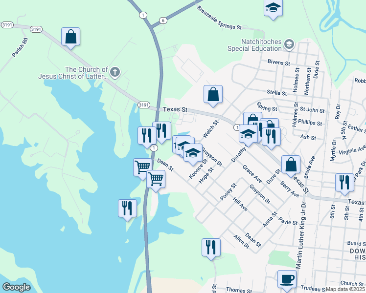 map of restaurants, bars, coffee shops, grocery stores, and more near 1600 Meadows Drive in Natchitoches