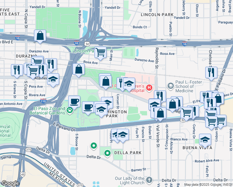 map of restaurants, bars, coffee shops, grocery stores, and more near 4412 Alameda Avenue in El Paso